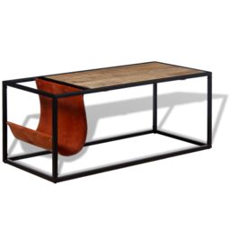 Berkfield Home Coffee Table with Genuine Leather Magazine Holder 110x50x45 cm - Size: 110 x 50 x 45 cm - thumbnail 2