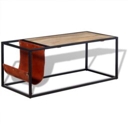 Berkfield Home Coffee Table with Genuine Leather Magazine Holder 110x50x45 cm - Size: 110 x 50 x 45 cm