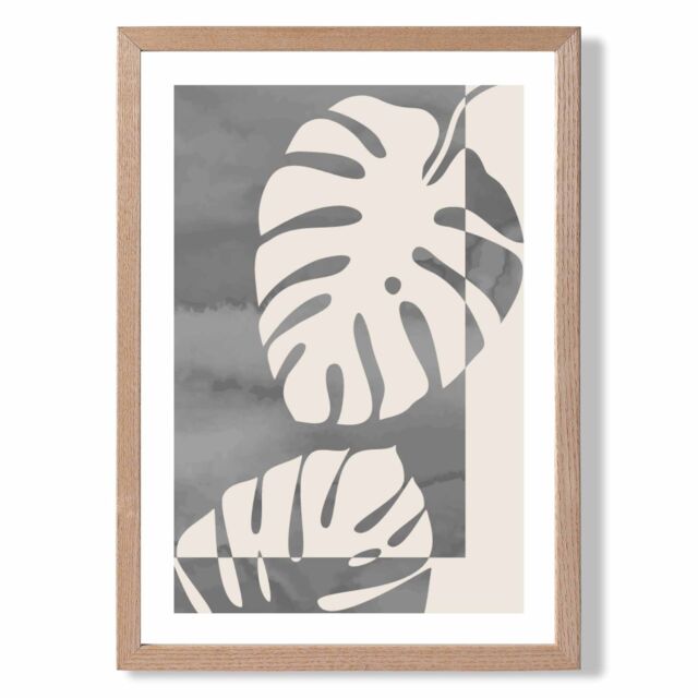 ARTZE Grey Monstera Mid Century Tropical Framed Print SIZE: A4 with Oak Frame in Mid Grey - image 1