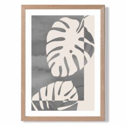 ARTZE Grey Monstera Mid Century Tropical Framed Print SIZE: A4 with Oak Frame in Mid Grey