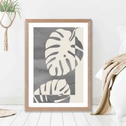 ARTZE Grey Monstera Mid Century Tropical Framed Print SIZE: A4 with Oak Frame in Mid Grey - thumbnail 2