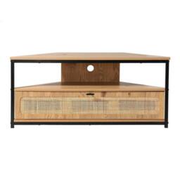 CALICOSY Corner TV Unit With 1 Door & Rattan Caning, 100 Cm Wide - JAYA in Light Brown