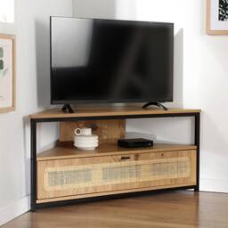 CALICOSY Corner TV Unit With 1 Door & Rattan Caning, 100 Cm Wide - JAYA in Light Brown - thumbnail 2