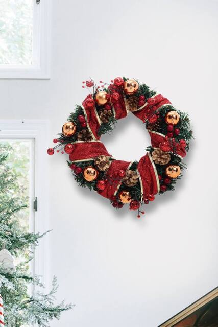 Ribbon Glowing Flower Wreath Hanging Christmas Decoration in Red - image 1