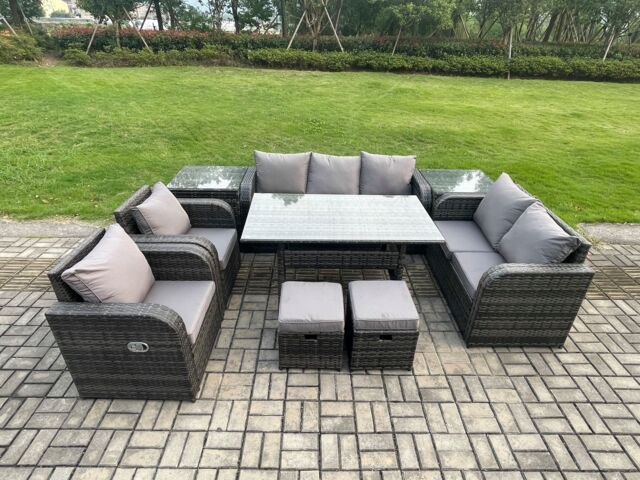 Fimous 9 Seater Garden Rattan Furniture Dining Table Sofa Set Indoor Outdoor with 2 Reclining Chairs 2 Side Tables 2 Small Footstools in Dark Grey - image 1