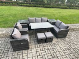 Fimous 9 Seater Garden Rattan Furniture Dining Table Sofa Set Indoor Outdoor with 2 Reclining Chairs 2 Side Tables 2 Small Footstools in Dark Grey - thumbnail 2