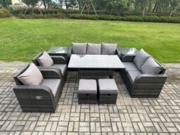 Fimous 9 Seater Garden Rattan Furniture Dining Table Sofa Set Indoor Outdoor with 2 Reclining Chairs 2 Side Tables 2 Small Footstools in Dark Grey - thumbnail 1