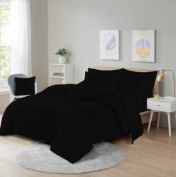 Homes-Linen Plain Dyed Polycotton Duvet Cover Set with Pillowcases in Black - Size: Single