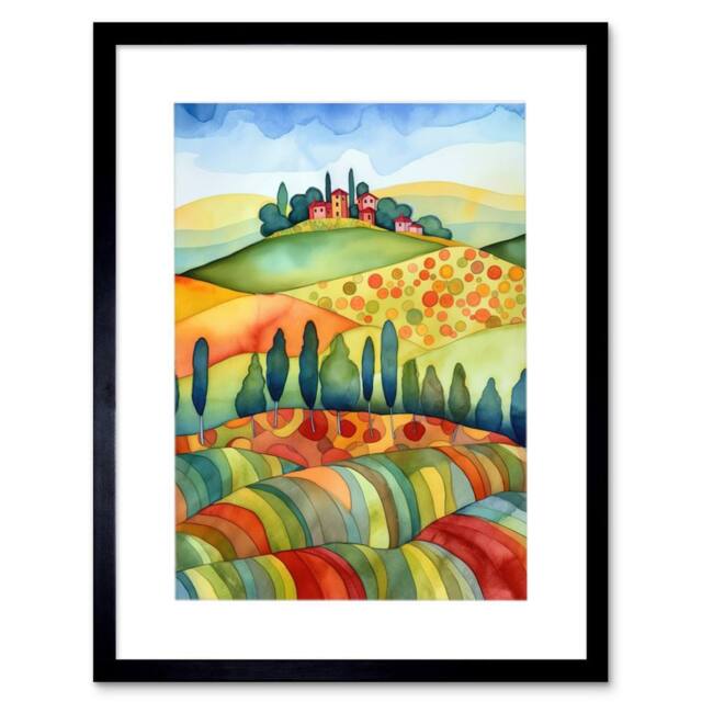 "Artery8 Landscape Of Tuscany House On The Hill Folk Artwork Framed Art Print in Green - Size: W12"" x H16""" - image 1
