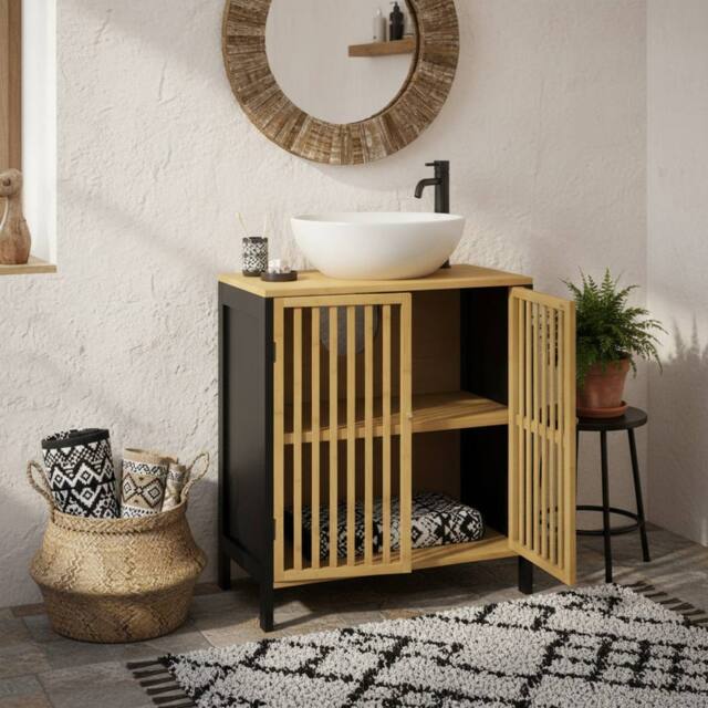 Wyld Haus Rotove Bamboo Style Under Sink Bathroom Cabinet Cut Out Front in Black - image 1