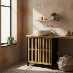 Wyld Haus Rotove Bamboo Style Under Sink Bathroom Cabinet Cut Out Front in Black - thumbnail 2
