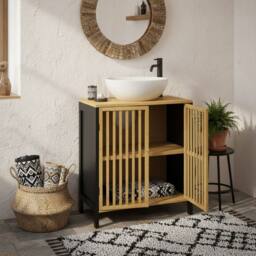 Wyld Haus Rotove Bamboo Style Under Sink Bathroom Cabinet Cut Out Front in Black