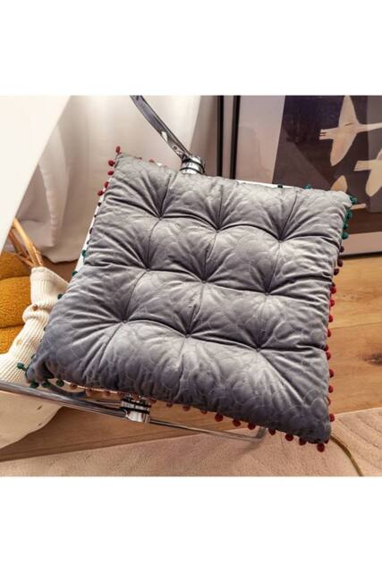 Living and Home Quilted Pom-Pom Trimmed Chair Cushion in Grey - image 1