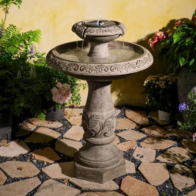 Sunlinua Elegant Solar Water Fountain Two-Tier Large Garden Feature 63x63x93cm in Grey - Size: 63 x 63 x 93 cm