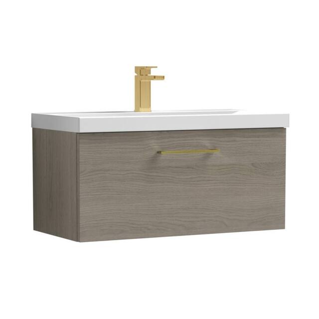 Balterley 800mm Wall Hung 1 Drawer Vanity Basin Unit, Mid Oak, Brass Handle in Brown - image 1