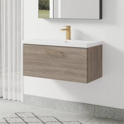 Balterley 800mm Wall Hung 1 Drawer Vanity Basin Unit, Mid Oak, Brass Handle in Brown - thumbnail 4