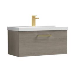 Balterley 800mm Wall Hung 1 Drawer Vanity Basin Unit, Mid Oak, Brass Handle in Brown - thumbnail 1