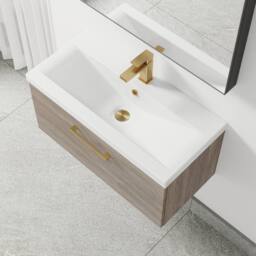 Balterley 800mm Wall Hung 1 Drawer Vanity Basin Unit, Mid Oak, Brass Handle in Brown - thumbnail 3