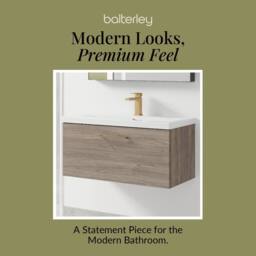Balterley 800mm Wall Hung 1 Drawer Vanity Basin Unit, Mid Oak, Brass Handle in Brown - thumbnail 7