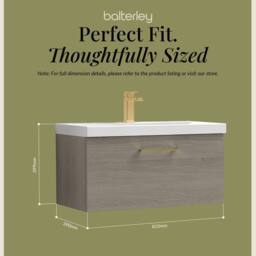 Balterley 800mm Wall Hung 1 Drawer Vanity Basin Unit, Mid Oak, Brass Handle in Brown - thumbnail 5