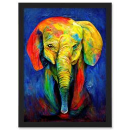 Artery8 Surreal Baby Elephant Colourful Abstract Bright Artwork Framed Wall Art Print A4 in Black - thumbnail 1
