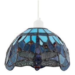 Happy Homewares Midnight & Sky Blue Stained Glass Dragonfly Tiffany Pendant Shade