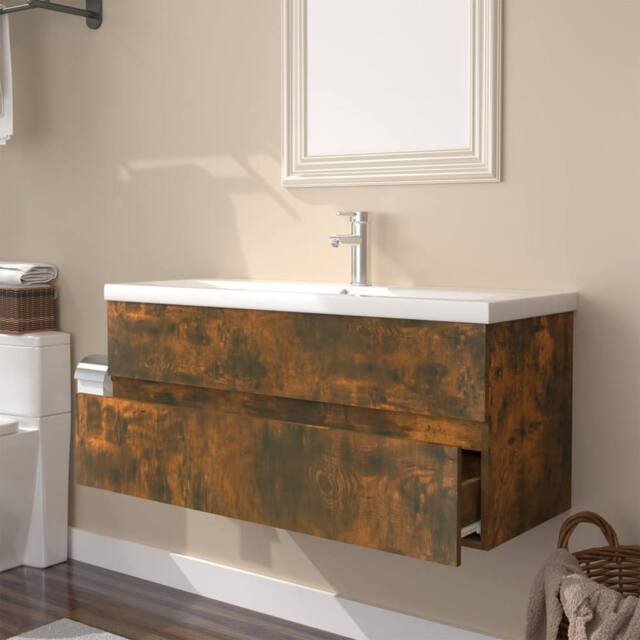 Berkfield Home Sink Cabinet with Built-in Basin Smoked Oak Engineered Wood in Brown - image 1