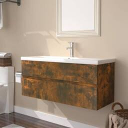 Berkfield Home Sink Cabinet with Built-in Basin Smoked Oak Engineered Wood in Brown - thumbnail 2