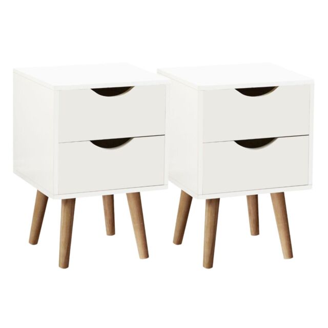 Home Source Bedside Cabinet 2 Drawer Bedroom Side Table Wooden Legs Modern in White - image 1