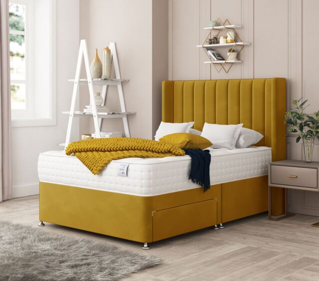 Bed Choices Regent Bed Set No drawer - Includes Mattress & Headboard - Plush Velvet in Mustard - Size: Super King - image 1