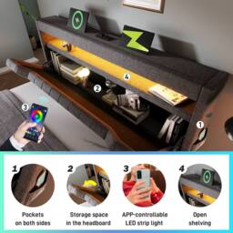BTM LED Linen Bed with USB-C Charging & Hydraulic Storage in Grey - Size: Double - thumbnail 7