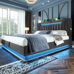 BTM LED Linen Bed with USB-C Charging & Hydraulic Storage in Grey - Size: Double - thumbnail 9