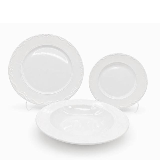 Glim & Glam Dinner Set Porcelain White Embossed Floral Dot Rim Plates Bowls 12pc - image 1