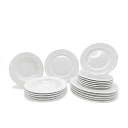 Glim & Glam Dinner Set Porcelain White Embossed Floral Dot Rim Plates Bowls 12pc - thumbnail 2