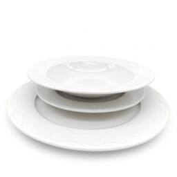 Glim & Glam Dinner Set Porcelain White Embossed Floral Dot Rim Plates Bowls 12pc - thumbnail 4