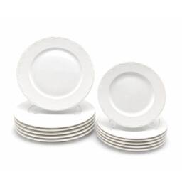 Glim & Glam Dinner Set Porcelain White Embossed Floral Dot Rim Plates Bowls 12pc - thumbnail 3