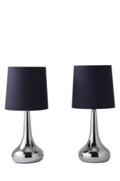 ValueLights Teardrop Pair Fabric Shades Brushed Chrome Touch Table Lamps & Bulbs in Navy - thumbnail 6