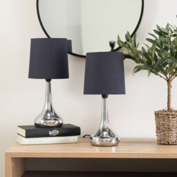 ValueLights Teardrop Pair Fabric Shades Brushed Chrome Touch Table Lamps & Bulbs in Navy - thumbnail 8