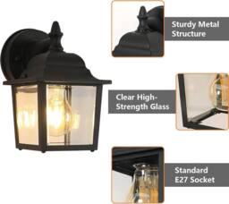 COMELY Outdoor Wall Lantern, Wall Lamp with Clear Glass Shade, E27，Black in Black - thumbnail 6
