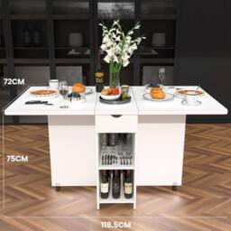 KORVIXA Foldable Space Saving Dining Table with Wheels & Storage Shelf in White - Size: 100 cm x 100 cm - thumbnail 2