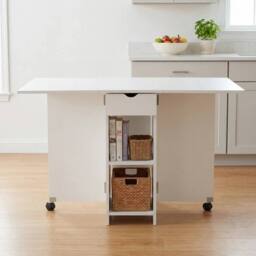 KORVIXA Foldable Space Saving Dining Table with Wheels & Storage Shelf in White - Size: 100 cm x 100 cm