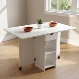 KORVIXA Foldable Space Saving Dining Table with Wheels & Storage Shelf in White - Size: 100 cm x 100 cm - thumbnail 5