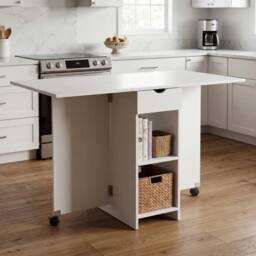 KORVIXA Foldable Space Saving Dining Table with Wheels & Storage Shelf in White - Size: 100 cm x 100 cm - thumbnail 3