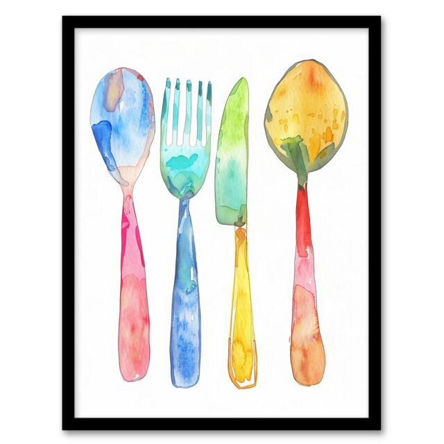 "Artery8 Colourful Cutlery Fork Knife Spoon Watercolour Framed Wall Art - Size: W12"" x H16""" - image 1