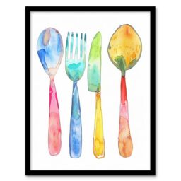 "Artery8 Colourful Cutlery Fork Knife Spoon Watercolour Framed Wall Art - Size: W12"" x H16""" - thumbnail 1