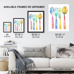 "Artery8 Colourful Cutlery Fork Knife Spoon Watercolour Framed Wall Art - Size: W12"" x H16""" - thumbnail 3