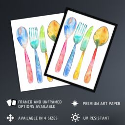 "Artery8 Colourful Cutlery Fork Knife Spoon Watercolour Framed Wall Art - Size: W12"" x H16""" - thumbnail 2