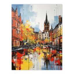 "Artery8 Glasgow Cityscape Vibrant Oil Painting Red Yellow Autumn In Scotland Unframed Wall Art Print Poster Home Decor Premium - Size: W12"" x H16""" - thumbnail 1