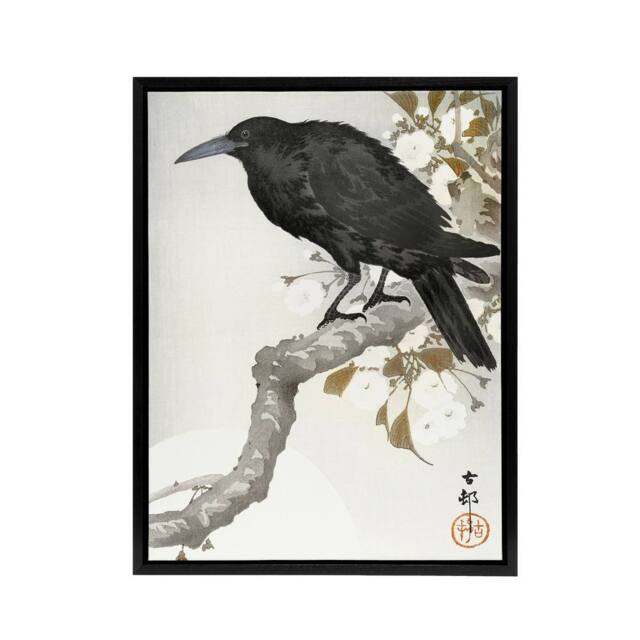 "Artery8 A Crow & The Full Moon Framed Canvas Wall Art Print Ohara Koson in Grey - Size: W12"" x H16""" - image 1