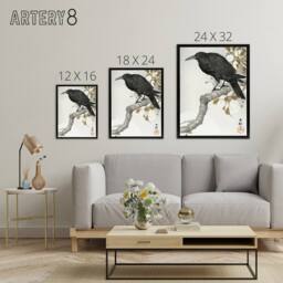 "Artery8 A Crow & The Full Moon Framed Canvas Wall Art Print Ohara Koson in Grey - Size: W12"" x H16""" - thumbnail 4